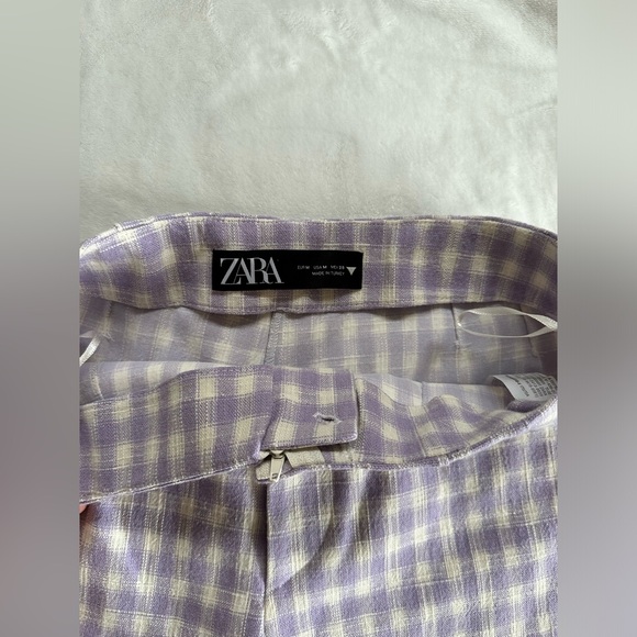 Zara Gingham Shorts Women’s Size M Lavender White Front Zip High Rise - Picture 5 of 6